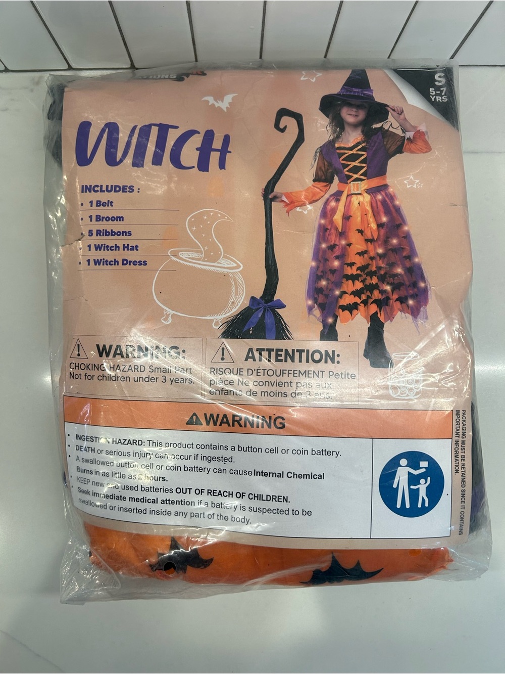 Kids Witch Costume Dress with Hat and Broom - NEW-Sz SM